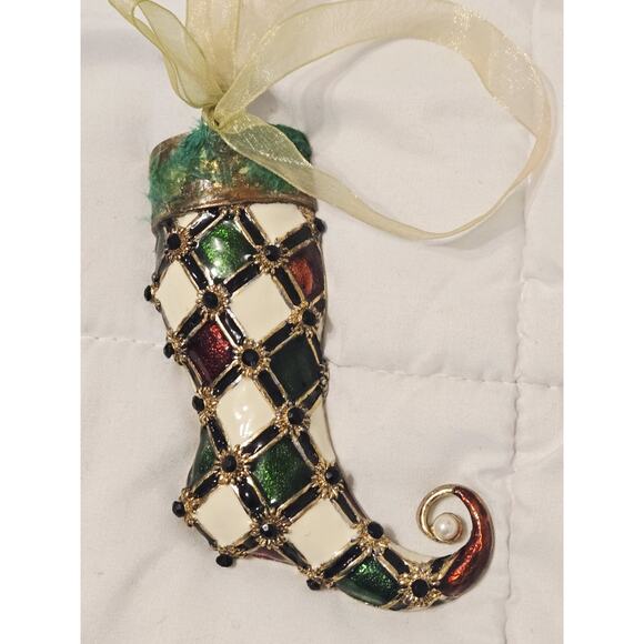 Vtg Brass Christmas Cloissone Enamel Glass Ornament Elf Boot Holiday Decor Gift - Picture 2 of 5